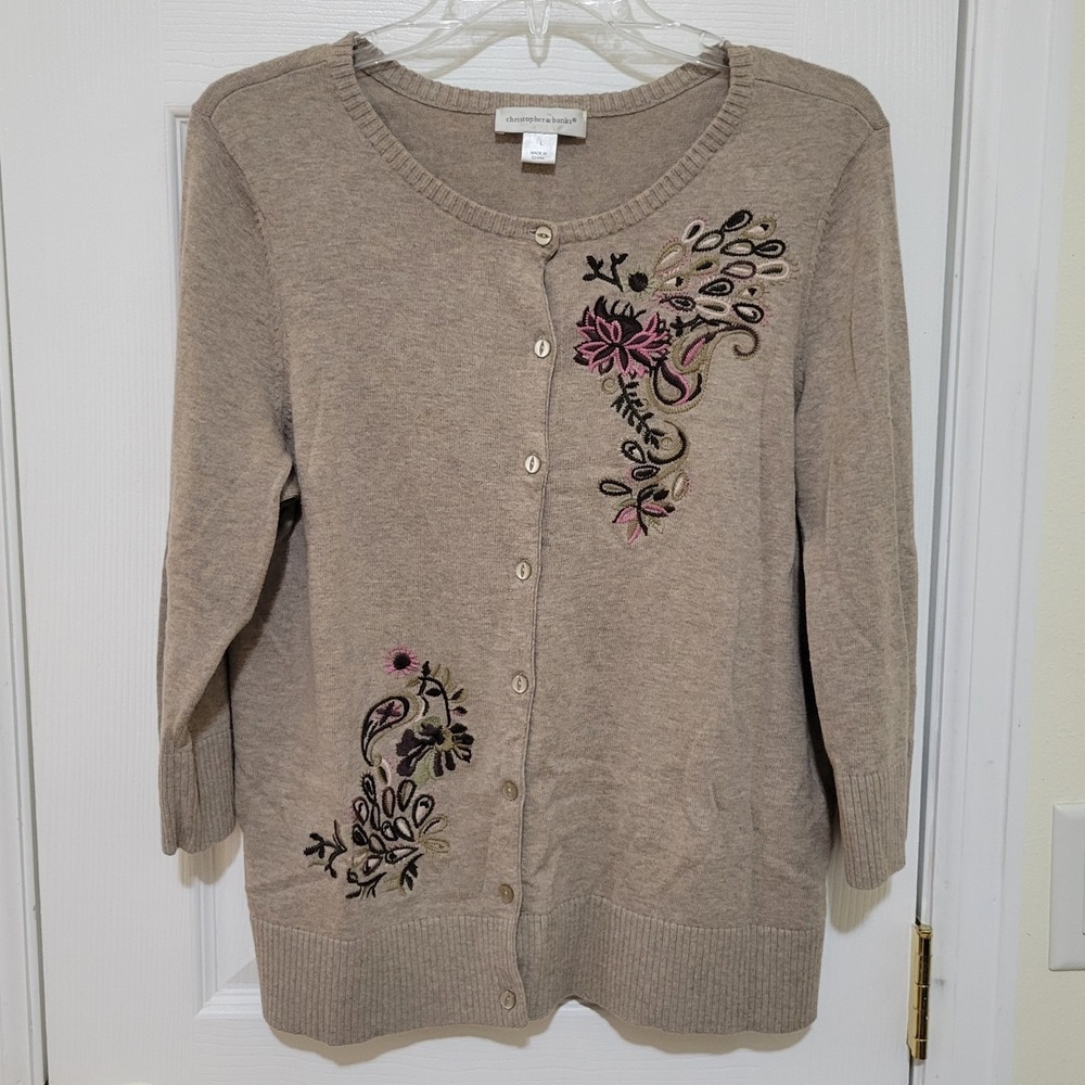 Christopher & Banks Tan Embroidered Cotton Cardigan Sweater 3/4 Sleeve Large